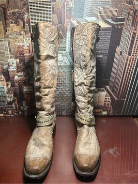 Sonora Tall Metallic Taupe Leather Riding Boots - Women 8.5 B